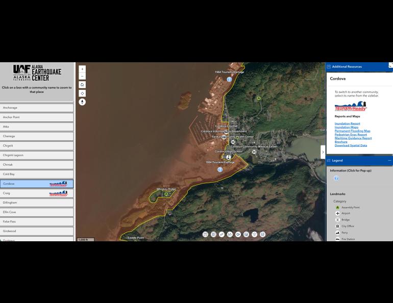 Screenshot of the Alaska Earthquake Center’s interactive tsunami hazard map centered on Cordova, Alaska. A satellite image shows the community, harbor and surrounding forested terrain, with a yellow boundary tracing the tsunami hazard area along the shoreline. 