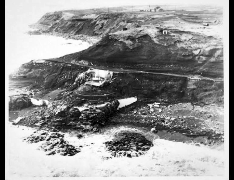 The remains of the Scotch Cap lighthouse sit on a bluff on Unimak Island after the April 1, 1946, tsunami. Photo courtesy NOAA/NGDC, Coast Guard