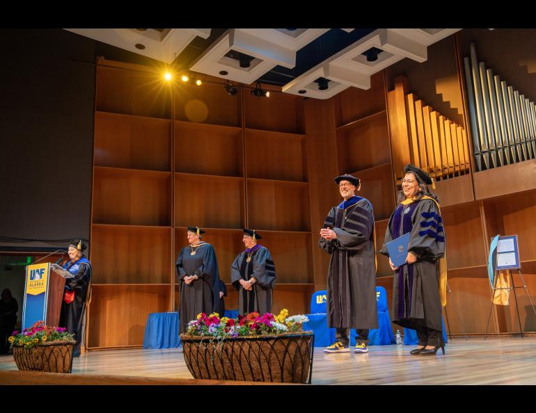 Dr. Anupma Prakash, Provost and Executive Vice Chancellor of UAF from 2018-2025 and a part of the GI for years before becoming provost, was honored for reaching emeritus status by Chancellor Dan White at the Honoree Recognition Ceremony, Friday, May 2, 2025. UAF photo by Leif Van Cise