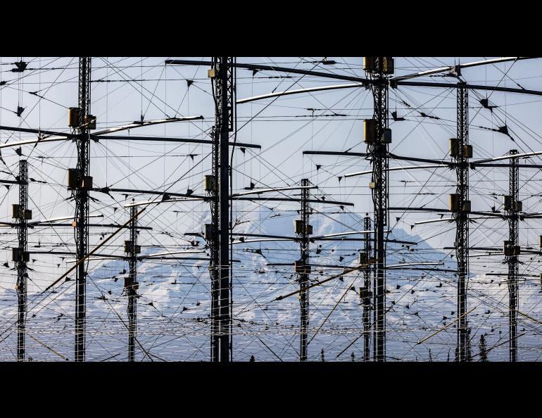 Mt. Sanford in the Wrangell-St. Elias National Park viewed through the HAARP array. Photo by Bryan Whitten