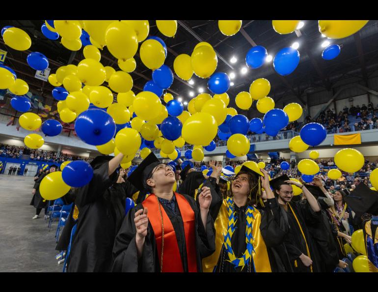 The balloon drop during the 2025 University of Alaska Fairbanks Commencement Ceremony Saturday, May 3, 2025 at the Carlson Center. UAF photo by Eric Engman