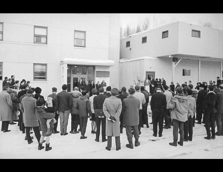 Faculty, staff, students, university administrators and others attended the renaming of the Geophysical Institute to the Chapman Building on Feb. 28, 1968. GI photo.