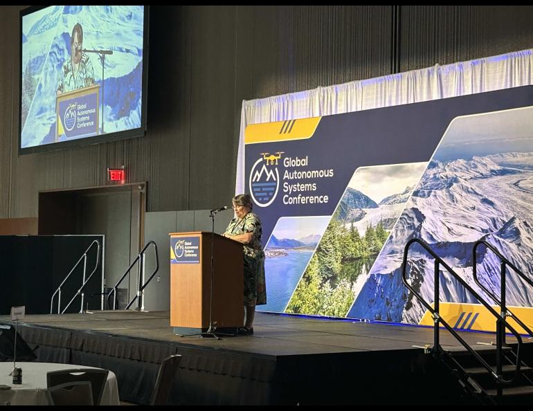 Cathy Cahill, director of the University of Alaska Fairbanks' Alaska Center for Unmanned Aircrft Systems Integration, addressed the Global Autonomous Systems Conference Friday, Aug. 11. UAF/GI photo courtesy of Rod Boyce