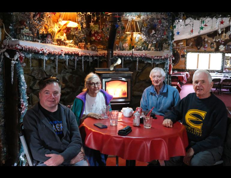 Chris enjoyed visiting Chatanika Lodge whenever he returned for a visit to Fairbanks. L to R, Chris Fallen, Helen Watkins, UAF Professor Emeritus Brenton Watkins and Chris' dad Ray Fallen. Photo courtesy Brenton Watkins
