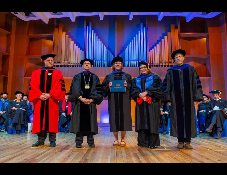 Nealey Sims with Chancellor Sfraga and Interim Provost Charlene Sterm while CNSM Dean Karsten Huffer and Carl Tape look on. Photo by Eric Engman