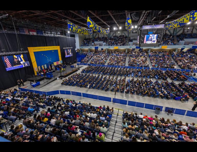 UAF graduates, emeriti, faculty and guests assembled in the Carlson Center for UAF's 105th commencement ceremony on Saturday, May 2, 2026. Photo by Eric Engman