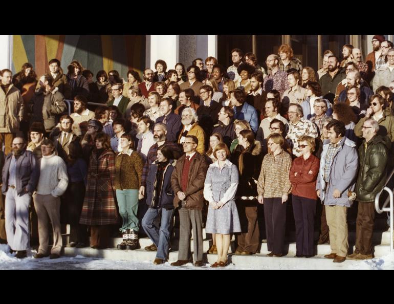 All-GI 1977 photo in front of Elvey for the GI's 30th anniversary. GI Director Juan Roederer is in the front of the first row, only a month or so after his appointment. The woman next to him who looked at the photographer is Helga Wilm. GI photo by Mario Grassi.