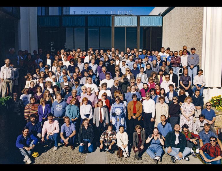 All-GI photo in front of Elvey, Sept. 9, 1996, to commemorate the institute's 50th anniversary. Then-GI director Syun-Ichi Akasofu is in the center of first standing row. GI photo by Malcolm Lockwood.