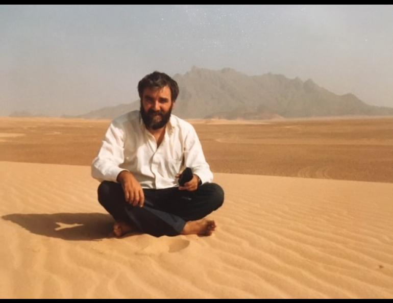Gerd Wendler in the Sahara Desert in 1982. Gerd had always wanted to go to the Sahara Desert after reading The Little Prince by Antoine de Saint-Exupéry. He wrote a paper on the desertification of the Sahara Desert after traveling there for two months. Gerd and Frank Eaton drove from Switzerland and crossed the Sahara Desert to Tamanrasset. Photo courtesy of Ruth Wendler
