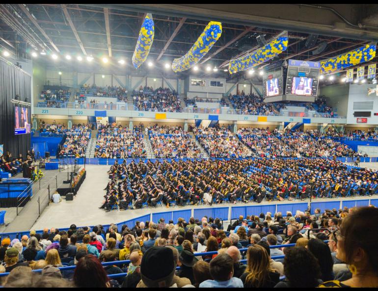 Outgoing University of Alaska President Pat Pitney addressed the graduates, emeriti, faculty and guests at UAF's 105th commencement ceremony Saturday, May 2, 2026. Photo by JR Ancheta