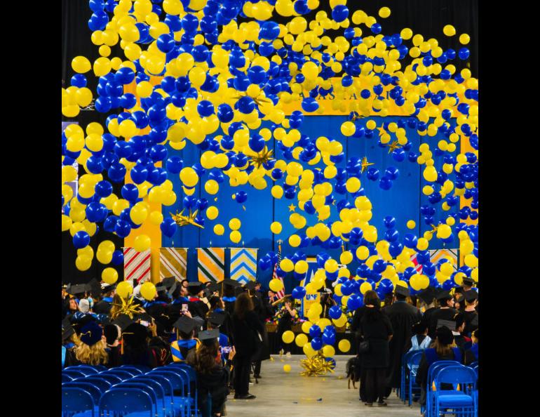 The 2026 UAF commencement ceremony blue and gold balloon drop engulfs the audience. Photo by JR Ancheta