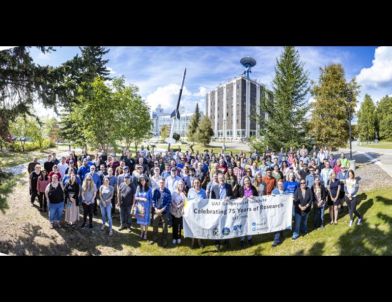 Geophysical Institute faculty, staff, students, emeriti and affiliates pose for a group photo July 26, 2021. UAF photo by JR Ancheta.
