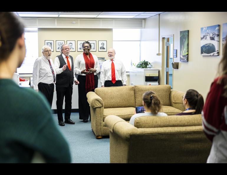 The Four Winds quartet entertained GI staff and friends with songs on Valentines Day. UAF/GI photo by JR Ancheta
