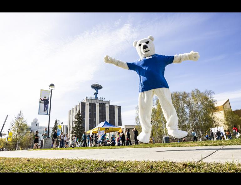 The Nook jumps for joy during the 2023 Arctic Research Open House May 18, 2023 at the Troth Yeddha' campus in Fairbanks. UAF/GI photo by JR Ancheta.