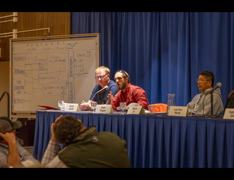 Sean Regan speaks during the “Alaska Carbon Ore, Rare Earth and Critical Minerals Input Stakeholder Meeting" at the UAF Troth Yeddha' Campus. UAF/GI photo by Courtney Holtzclaw