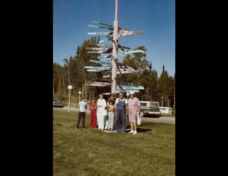 Neal Brown’s uncle Floyd Boyd — his mother’s youngest brother — drove his family and Neal’s mother up the Alcan to visit in August 1978. Left to right: Neal’s son Kris Brown, daughter Melody Brown, mother Ruth Brown, cousin Jeannette Boyd, Neal’s youngest son Nat Brown, Floyd Boyd and his wife Inga Boyd. Photo courtesy Neal Brown (we miss you, Neal!)