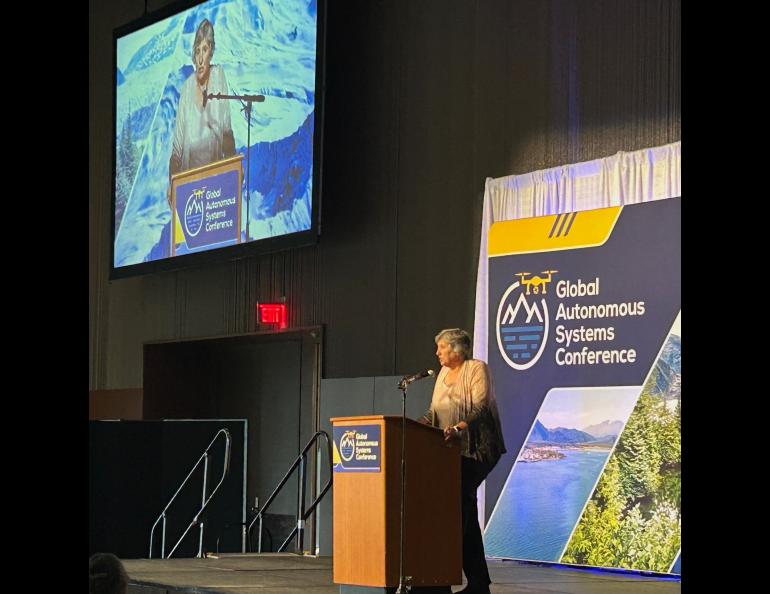 Pat Pitney, University of Alaska president, addressed the Global Autonomous Systems Conference Friday, Aug. 11. UAF/GI photo courtesy of Rod Boyce