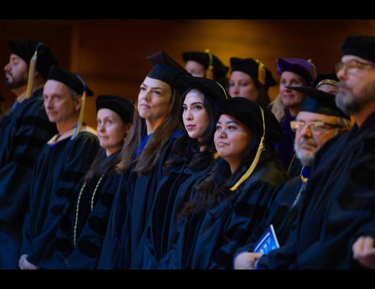 Ph.D. recipients during the 2025 Ph.D. Hooding Ceremony in the Davis Concert Hall on the UAF campus, Friday, May 2, 2025. UAF photo by Eric Engman