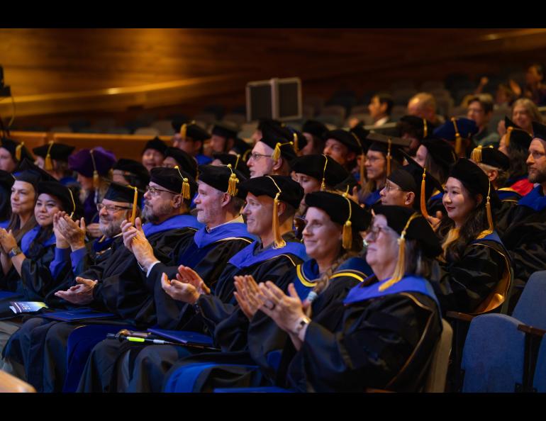 Ph.D. recipients during the 2025 Ph.D. Hooding Ceremony in the Davis Concert Hall on the UAF campus, Friday, May 2, 2025. UAF photo by Eric Engman