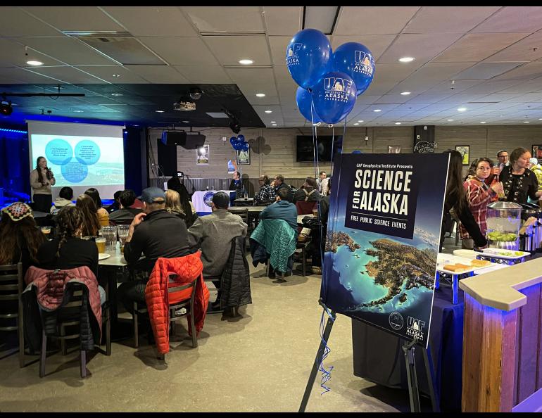 Harper Baldwin is a master's student studying coastal hazards and flooding with the Arctic Coastal Geoscience Lab in the GI. She spoke about her thesis research focusing on assessing historical and predicted flood hazards on St. Paul Island and Goodnews Bay. Photo by Rebecca Beltran