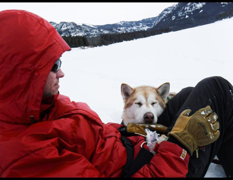 Michael Roddewig taking a break while skiing on a frozen lake with his malamute Yukon (and he’s interested in Roddewig’s lunch). Photo courtesy Michael Roddewig