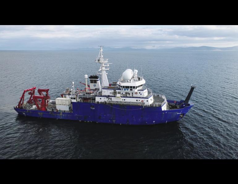 An aerial view of the R/V Sikuliaq at sea. The Sikuliaq will carry researchers through the Bering Sea during the Bering Land Bridge project. UAF/GI photo by Chris Maio