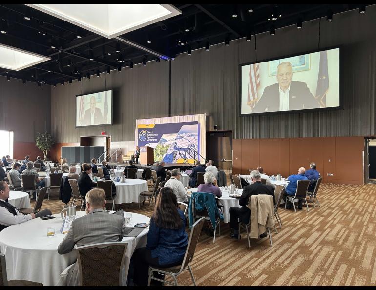 U.S. Sen. Dan Sullivan of Alaska delivered a video welcome message to the Global Autonomous Systems Conference in Anchorage today. His message was a strong one: “There is no better place in the country than Alaska to test the benefits for drones.”  He also gave an update on drone-related legislative efforts. UAF/GI photo by Rod Boyce
