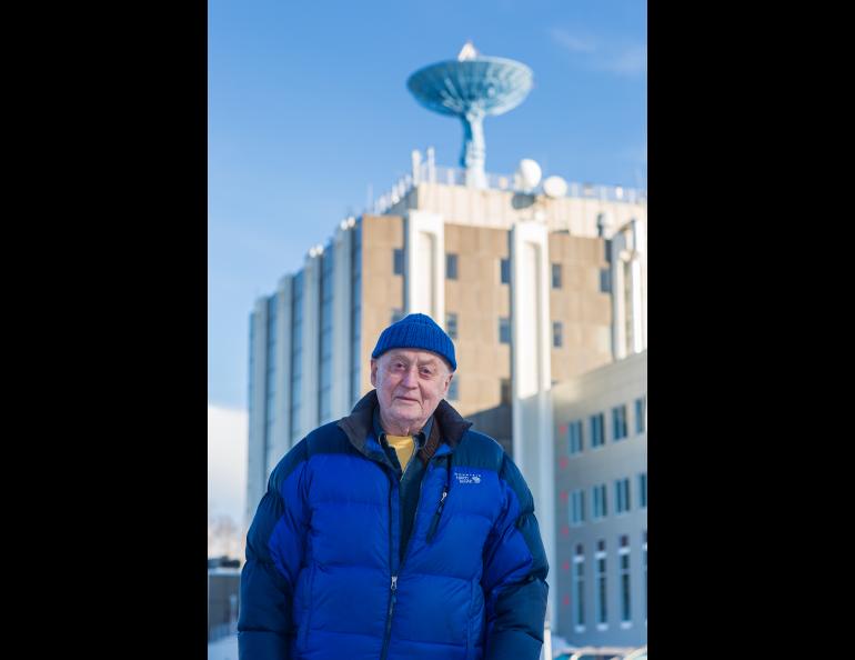 Carl Benson outside the Geophysical Institute building on the Fairbanks campus in February 2016. Photo by Todd Paris