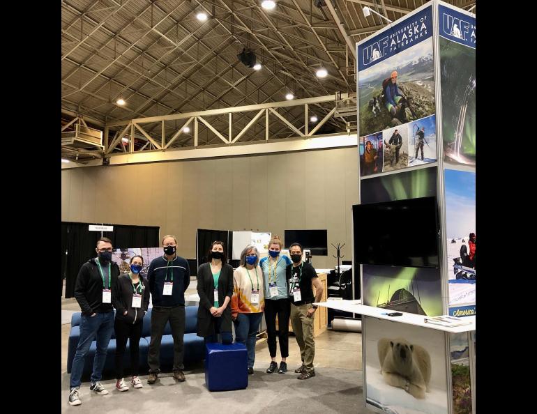 Ken Austin, Samantha Wiser, Bob McCoy, Tanya Clayton, Jami Warrick, Kelly Eagan and Brian Lu assembled the UAF booth at AGU this year. Photo courtesy of Tanya Clayton
