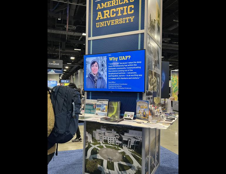 Twenty-two rotating slides with the title "Why UAF?" include quotes from current and past students, faculty, researchers and staff. Photo by Rod Boyce