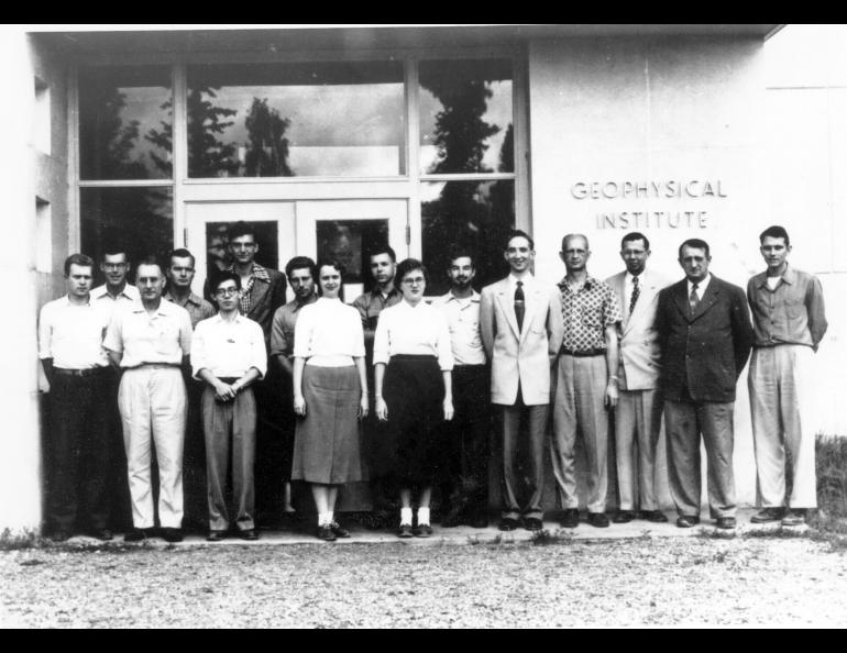 A 1958 photo of people outside the Geophysical Institute Building, later renamed the Chapman Building. GI photo.