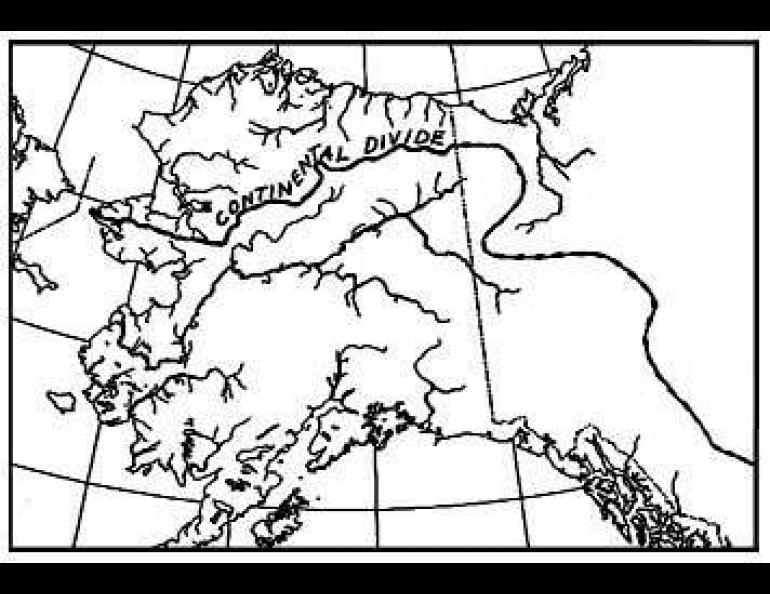 A map of Alaska with the continental divide drawn through the state.