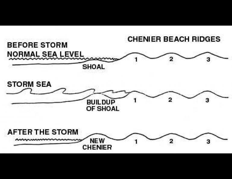 The process of how the Alaskan sea has built up beach ridges over the years, utilizing the high sea level of a storm.