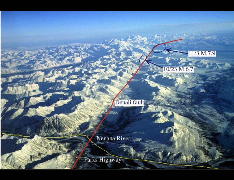 Geologist Wes Wallace of the University of Alaskas Geophysical Institute took this photo of the Denali Fault before the earthquake. The red line represents the fault, which runs east toward Mt. Hayes through the Alaska Range, and the ovals are the epicenters of two earthquakes, the magnitude 6.7 earthquake of Oct. 23, 2002, and the Denali Fault earthquake of Nov. 3, 2002. Wes Wallace photo