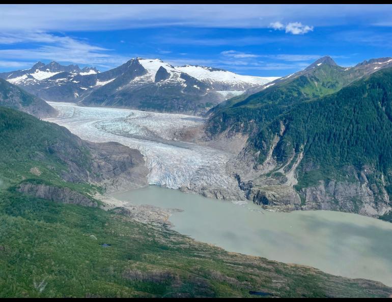 Mendenhall Glacier barely touches Mendenhall Lake near Juneau in this photo Eran Hood took from a helicopter on Aug. 13, 2025. Photo by Eran Hood.