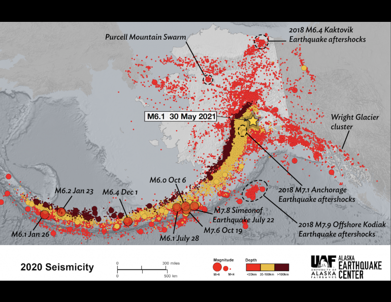 An Alaska Earthquake Center map of all the earthquakes that happened in the year 2020, including the epicenter of a magnitude 6.1 earthquake that happened May 30, 2021.