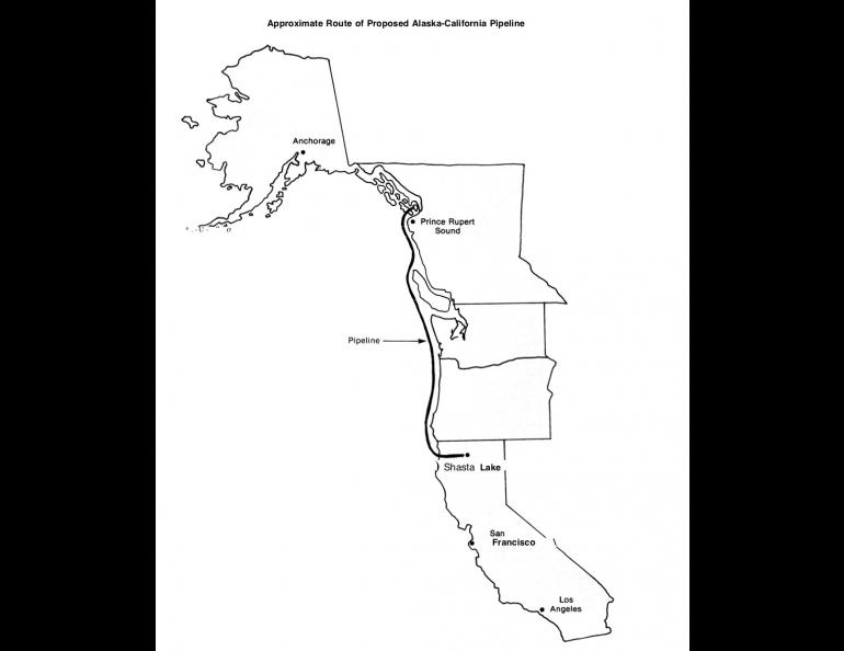 The 1992 proposed route of an undersea water pipeline from the Stikine River in Alaska to northern California. From “Alaskan Water for California? The Subsea Pipeline Option Background Paper,” U.S. Congress Office of Technology Assessment, January 1992.