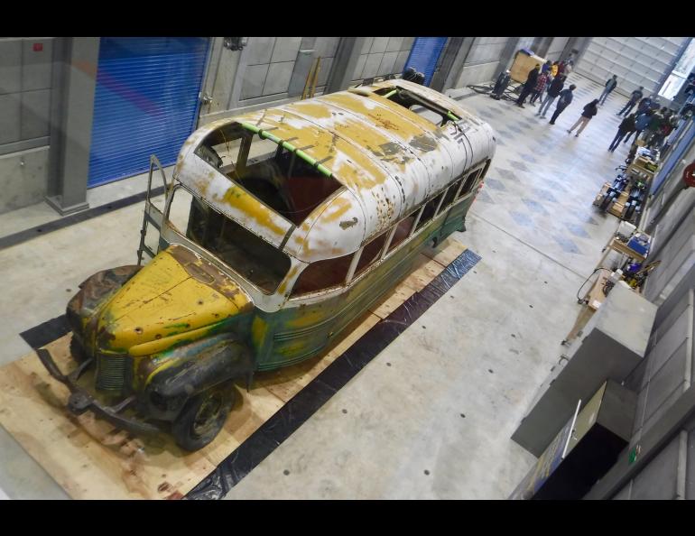 Fairbanks City Transit System No. 142 of Into the Wild fame inside the engineering building on the UAF campus, where UA Museum of the North conservators will work on its preservation. Photo by Ned Rozell.