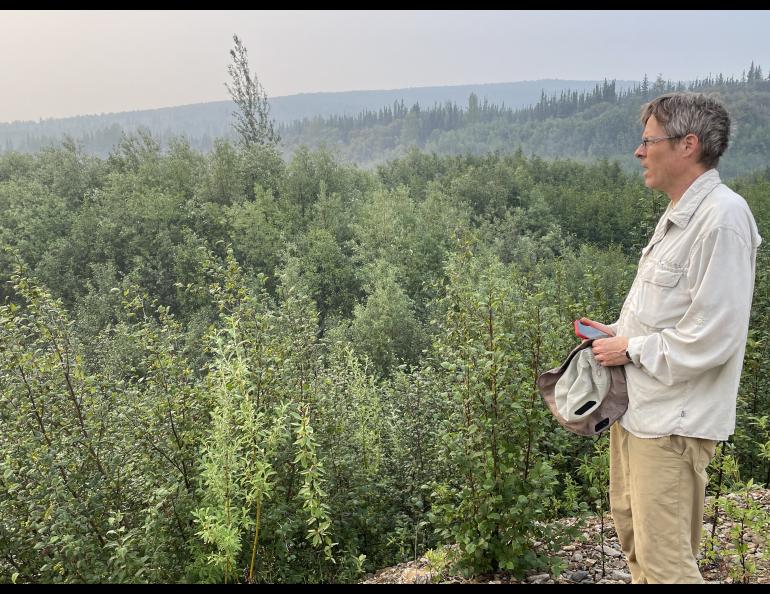 Seismologist Carl Tape looks out at the site of the former Dome City at 10 p.m. on July 6, 2025, the 113th anniversary of a large earthquake in Interior Alaska. Photo by Ned Rozell.