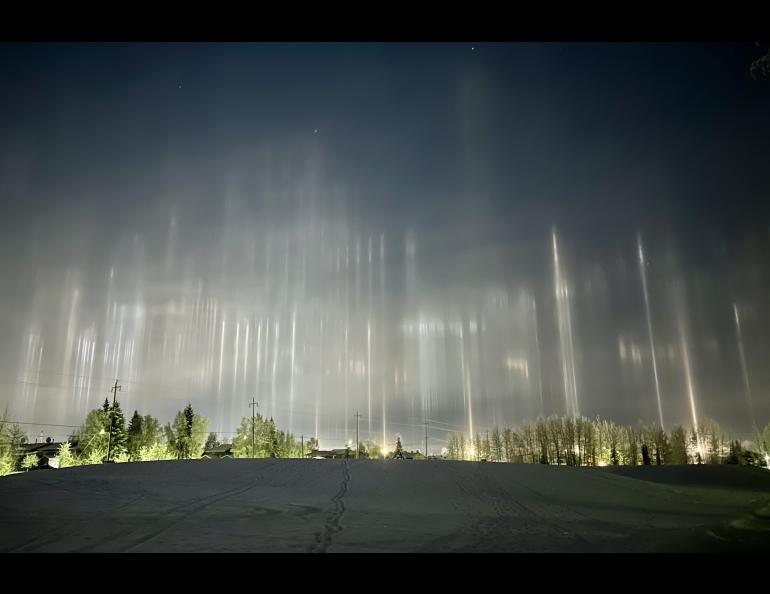 Cindy Bravo saw these light pillars in Fairbanks as she was walking her dog Slick through Bernice Allridge Park on Nov. 11, 2025. Photo by Cindy Bravo.