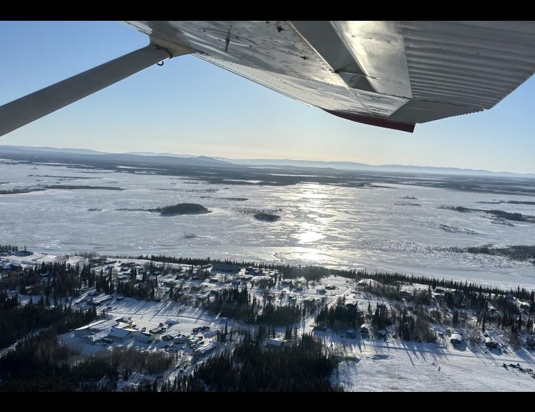 Minto Flats spills out in frozen lakes and rivers just beyond the village of Minto during sunrise on March 23, 2025. Photo by Cristina Hansen.