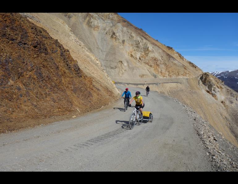 Cyclists ride an unstable portion of the 92-mile gravel road within Denali National Park. Photo by Ned Rozell.