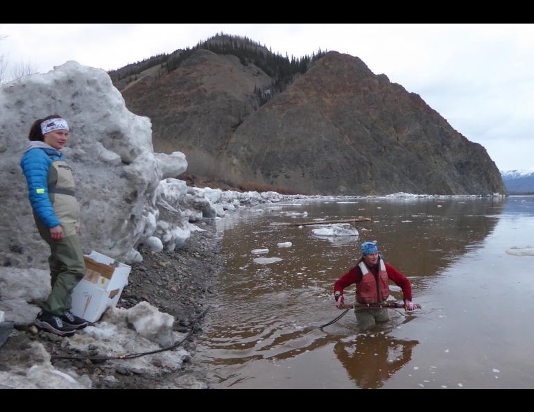 Heather Best (in water), a USGS hydrologist, prepares to toss a road-grader blade with a river-measuring device attached into the Yukon River near Eagle, Alaska. USGS hydrologic technician Liz Richards watches for ice. Photo by Ned Rozell.