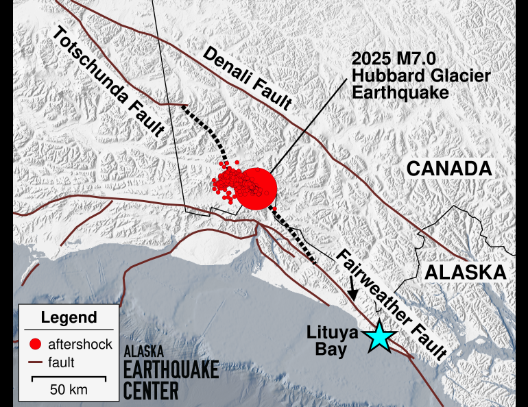 Scientists with the Alaska Earthquake Center created this diagram in which red dots represent the Dec. 6, 2025 Hubbard Glacier earthquake and its many aftershocks. The dotted line connecting the Totschunda and Fairweather fault systems represents a possible “connector fault.” 