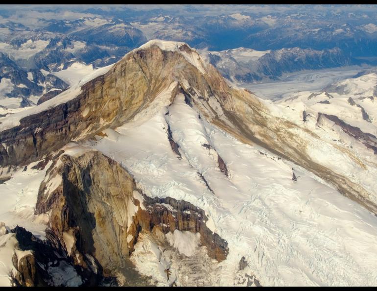 The glaciers and rock of 10,015-foot Iliamna Volcano. Photo by Matt Loewen, Alaska Volcano Observatory.