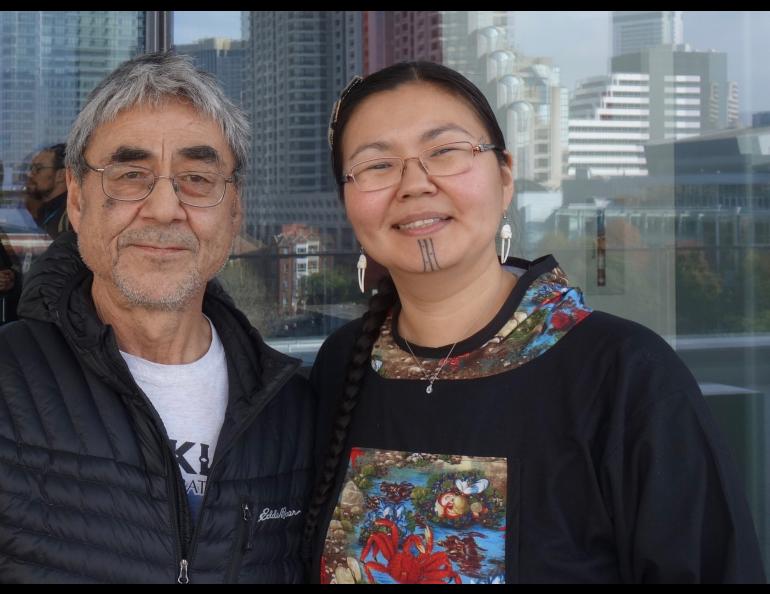 Jerry Ivanoff, from Unalakleet, and Mellisa Johnson of Anchorage and Nome, outside the Moscone Center in downtown San Francisco. They traveled to the Fall Meeting of the American Geophysical Union at the invite of scientists who wrote the 2019 Arctic Report Card. Photo by Ned Rozell.