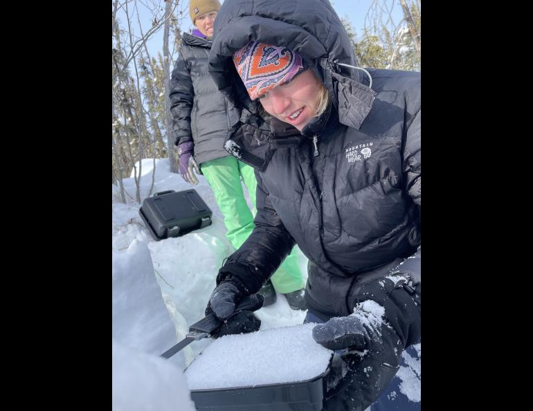 Hannah Wittman of the Cold Regions Research and Engineering Laboratory in Hanover, New Hampshire, gathers a snow sample from a forest near Fairbanks on March 15, 2023, as part of a NASA experiment called SnowEx. Kaitlin Meyer of Ohio State University looks on. Photo by Ned Rozell.