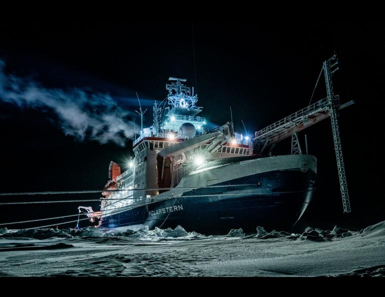 The RV Polarstern, which is drifting on the Arctic Ocean for one year and hosting many scientific experiments. The icebreaker is owned by the Alfred Wegener Institute of Bremerhaven, Germany, and will house more than 600 scientists from more than 20 countries. Photo by Lukas Piotrowski, AWI.