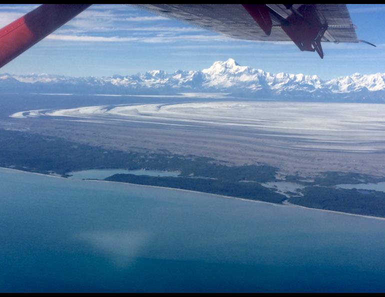  Taking up as much space as Rhode Island, Malaspina Glacier spills onto flats near the Gulf of Alaska. Martin Truffer took this photo from Paul Claus’s plane on another glacier-measuring mission.