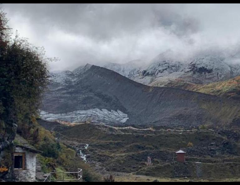 Martin Truffer of the Geophysical Institute of the University of Alaska Fairbanks recently studied this rock-covered glacier in Tibet to find its thickness. Photo by Martin Truffer.